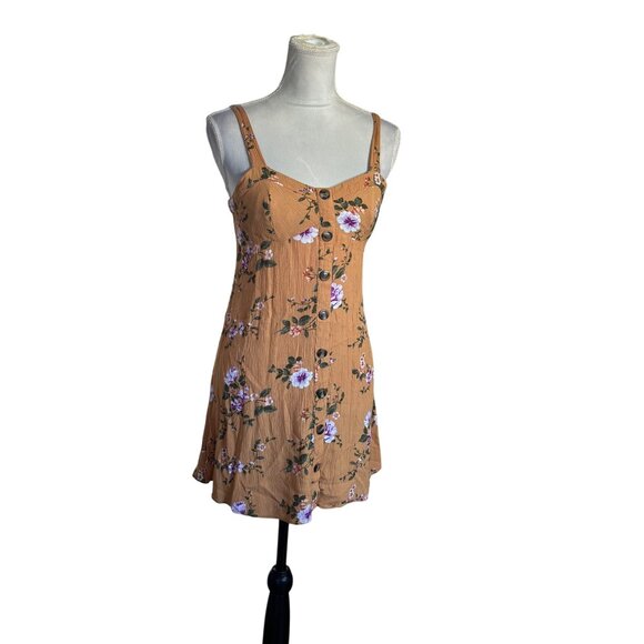 American Eagle Women's Babydoll Sundress Mustard Yellow Floral Smocked Back Cott - Picture 8 of 9